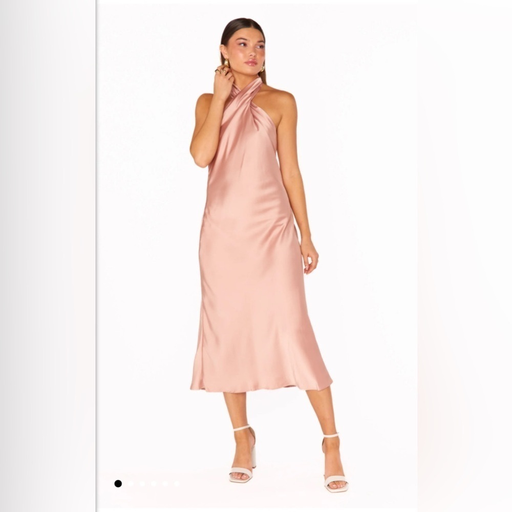 Show Me Your Mumu Veronica Halter Midi Dress True Gold Luxe Satin NWT M